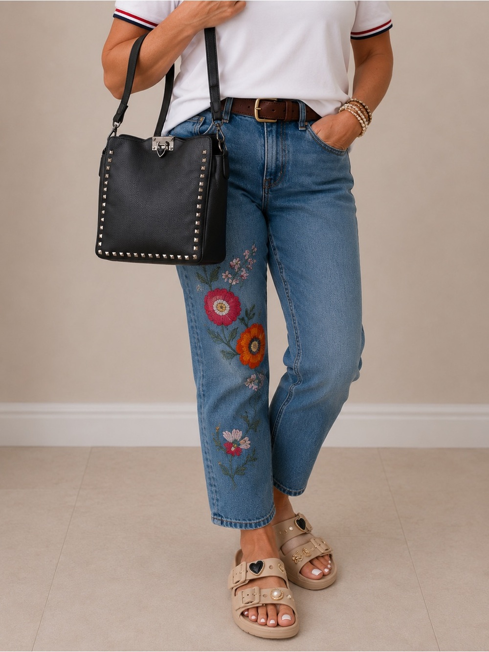 Stud-Trim Black Leather Shoulder/ Crossbody Bag